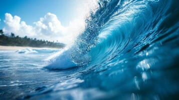 ai généré tourbillonnant vagues et cool blues évoquer le frisson de contagieux le parfait vague photo