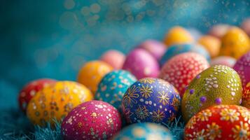 ai généré coloré et fleuri Pâques des œufs dans une joyeux, chaotique arrangement photo