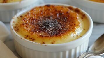 ai généré crémeux Crème avec une caramélisé sucre croûte, une décadent français dessert avec une crépitement Haut. photo