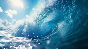 ai généré tourbillonnant vagues et cool blues évoquer le frisson de contagieux le parfait vague photo