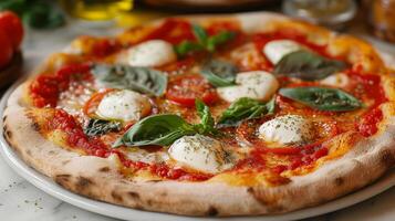 ai généré une classique napolitain pizza, orné avec tomates, mozzarella, basilic, et olive pétrole photo