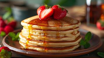 ai généré duveteux Crêpes empilés haut, bruine avec érable sirop, une copieux américain petit déjeuner préféré photo