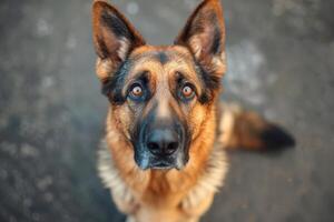 ai généré fidèle allemand berger séance docilement, attendre pour une traiter avec intelligent yeux. photo