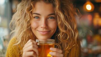 ai généré une Jeune femme avec blond frisé cheveux brasseries thé dans une verre pot, grand fond zone, décentré composition. photo