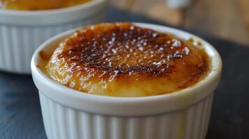 ai généré crémeux Crème avec une caramélisé sucre croûte, une décadent français dessert avec une crépitement Haut. photo