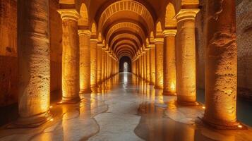 ai généré une Labyrinthe de arches et Colonnes, rappelant de ancien romain architecture, ensemble dans spectaculaire éclairage. photo