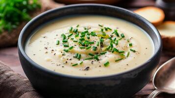 ai généré une bol de crémeux Patate poireau soupe, soyeux dans texture et garni avec Frais ciboulette. photo