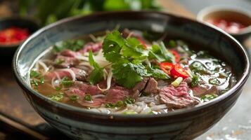 ai généré une parfumé bol de Pho, une vietnamien nouille soupe, avec finement tranché du boeuf et aromatique herbes. photo