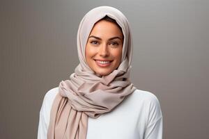 ai généré sur de soi Jeune femme dans beige hijab souriant, studio portrait sur une gris Contexte. photo