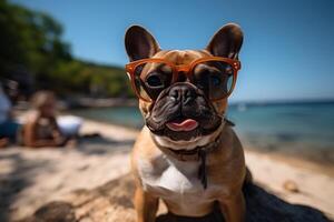 ai généré une espiègle français bouledogue portant Orange des lunettes de soleil salons sur une ensoleillé plage photo