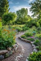 ai généré une Bien organisé potager jardin, mélange ornemental et comestible les plantes dans parfait harmonie. photo