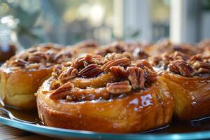 ai généré fait maison cannelle Rouleaux, suintant avec gluant caramel et couronné avec noix de pécan. photo