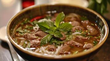 ai généré une parfumé bol de Pho, une vietnamien nouille soupe, avec finement tranché du boeuf et aromatique herbes. photo