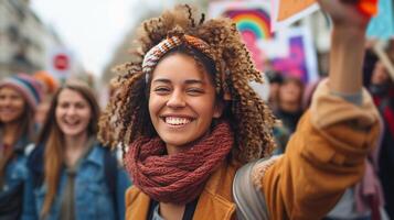 ai généré femmes de tout âge marcher ensemble, en portant habilitant panneaux, et défendre le sexe égalité photo