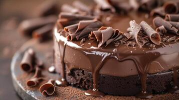 ai généré une décadent Chocolat truquer gâteau suintant avec ganache et garni avec Chocolat boucles. photo