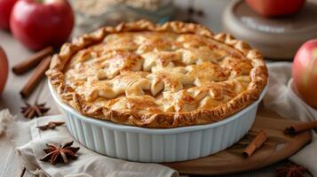 ai généré une classique Pomme tarte avec une doré, floconneux croûte et une allusion de cannelle arôme. grand fond zone, décentré composition. photo