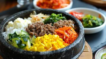 ai généré coloré, mixte riz bol avec légumes, Viande, et une épicé sauce, une coréen culinaire chef-d'œuvre. photo