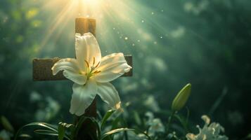 ai généré une traverser orné avec fleurs de lys et rayonnant lumière, symbolisant le Pâques message photo