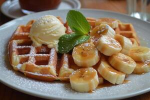 ai généré une assiette de Belge gaufres, jumelé avec une scoop de vanille la glace crème et caramélisé bananes. photo