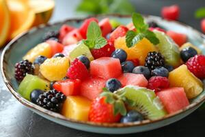 ai généré coloré fruit salade, une mélange de agrumes, melons, et baies, éclatement avec fraîcheur. photo