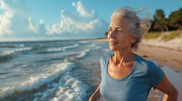 ai généré une âge moyen femme le jogging le long de le littoral de le plage photo