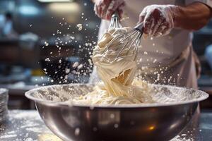 ai généré une qualifié Pâtisserie chef énergiquement fouetter Battre dans une grand mélange bol photo