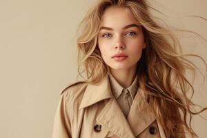 ai généré photo de une magnifique modèle fille dans beige vêtements pour La publicité