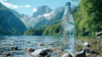 ai généré décrivant une bouteille de pur l'eau avec une montagneux toile de fond photo