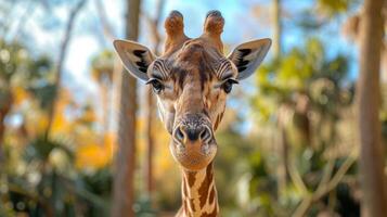 ai généré une magnifique girafe regards à le caméra photo