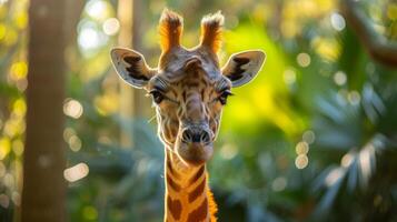 ai généré une magnifique girafe regards à le caméra photo