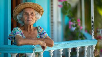 ai généré un personnes âgées femme dans une osier Panama chapeau et une rayé robe d'été des stands sur le porche de une classique blanc maison photo