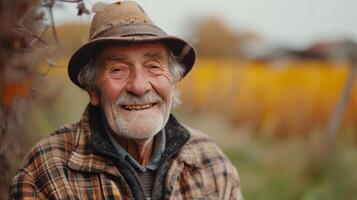 ai généré un vieux Beau agriculteur sourit et regards à le caméra photo