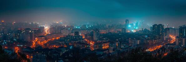 ai généré panorama de le nuit ville photo