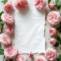 ai généré Vide blanc feuille. autour il est une Cadre de rose pivoines. minimaliste brillant Contexte photo