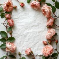 ai généré Vide blanc feuille. autour il est une Cadre de rose pivoines. minimaliste brillant Contexte photo
