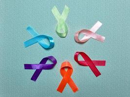monde cancer journée. coloré rubans, cancer conscience, bleu Contexte. international agence pour recherche sur cancer photo