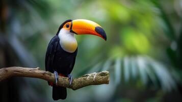 ai généré une brillant magnifique toucan oiseau est assis sur une branche. vert tropical forêt Contexte flou de derrière photo