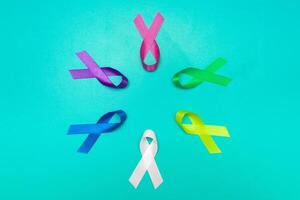 monde cancer journée Contexte. coloré rubans, cancer conscience. bleu surface de au-dessus de. photo