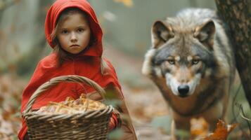 ai généré une petit magnifique fille dans une rouge capuche des promenades par le forêt et porte une osier panier avec tartes photo