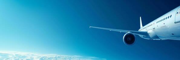 ai généré magnifique Contexte de bleu ciel et fermer de une en volant avion sur le droite photo