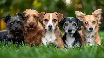 ai généré cinq chiens asseoir dans une rangée et Regardez à le caméra photo