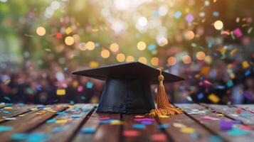 ai généré le diplômé casquette mensonges sur une en bois table photo