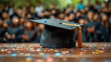 ai généré le diplômé casquette mensonges sur une en bois table photo