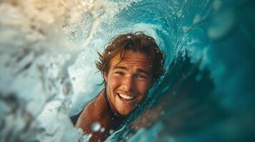 ai généré Beau Jeune bronzé surfeur sur une gros vague à la recherche à le caméra souriant photo