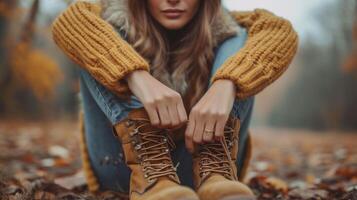 ai généré Jeune magnifique femme fermetures éclair en haut sa bottes photo