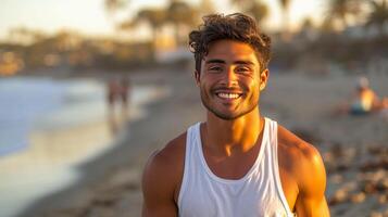 ai généré Jeune Beau hispanique homme dans court denim short et une blanc Sans manches réservoir Haut permanent souriant photo