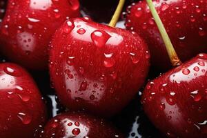 ai généré Frais rouge Cerise avec l'eau gouttelettes photo