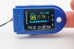 médical impulsion oxymètre avec un lcd. évaluation de du sang oxygène saturation sp2. covid-19 médical surveillance dispositif pandémie. cœur et impulsion taux, crucial dans patient santé surveillance, urgences. photo