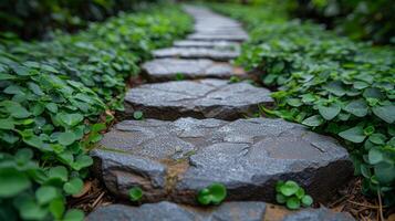 ai généré cette botanique jardin Caractéristiques une chemin avec des pierres cette grandir herbe entre eux. photo