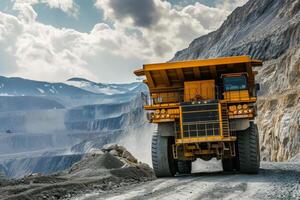 ai généré Jaune déverser un camion dans carrière photo